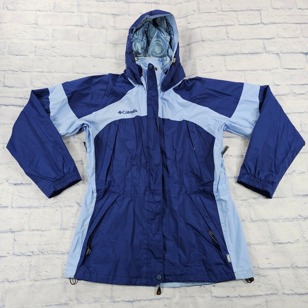 Columbia Rain Jacket Women M Blue All Weather Waterproof Hooded Hiking Shell VTG